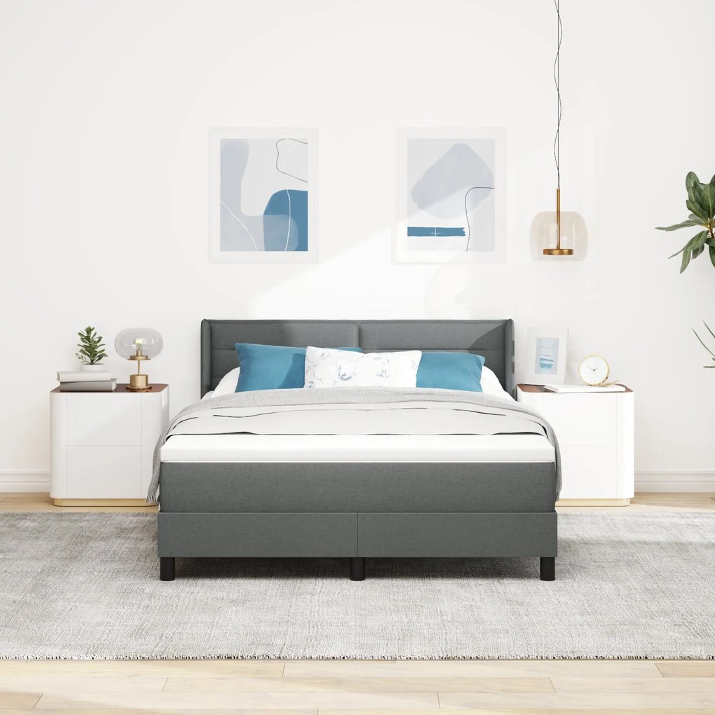 Cama Box com Colchão Cinza Escuro 140x200 cm Tecido, Cabeceira com Des