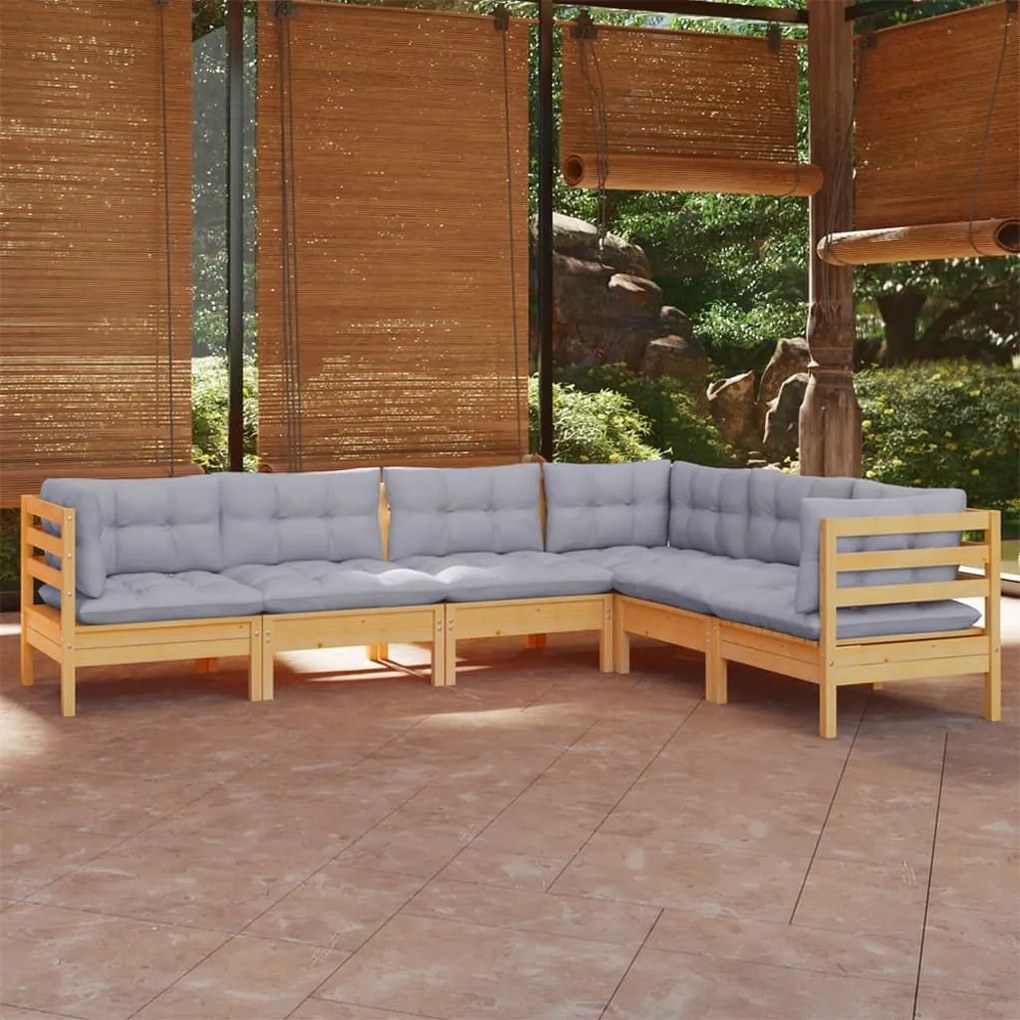 vidaXL 6 pcs conjunto lounge de jardim + almofadões cinza pinho maciço
