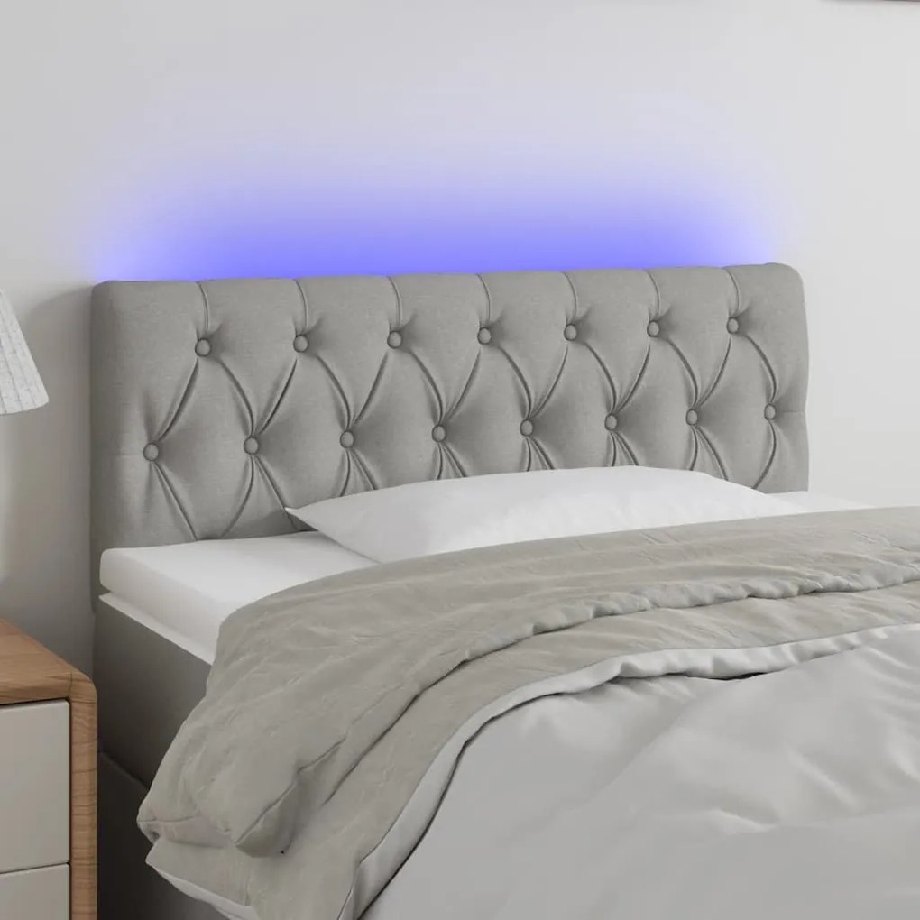 3121938 vidaXL Cabeceira de cama c/ luzes LED tecido 100x7x78/88cm cinza-claro