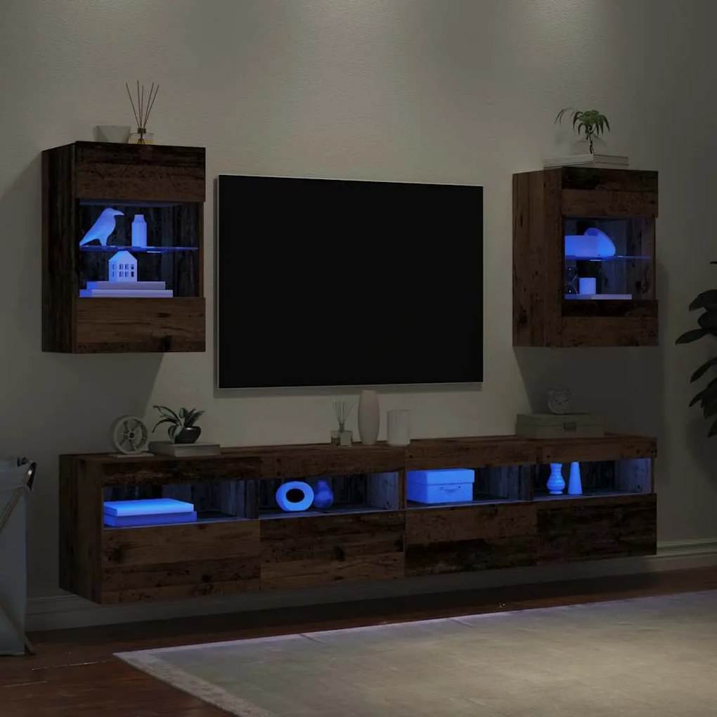 Armários de parede com luzes LED para TV 2 pcs 40x30x60,5 cm madeira v