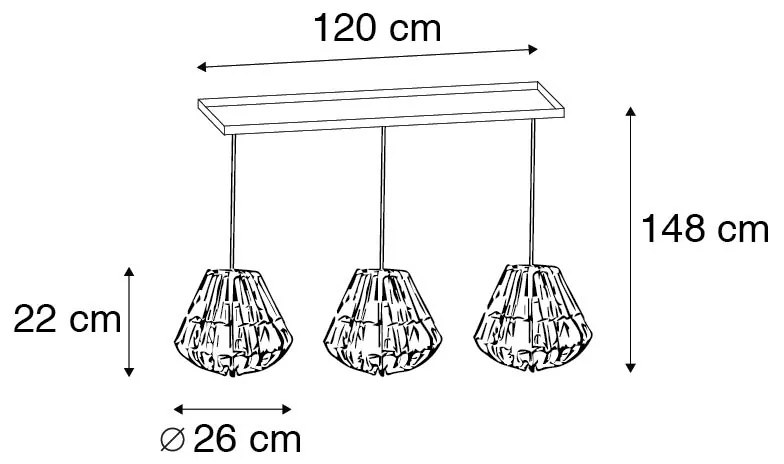 Candeeiro de suspensão em bambu com branco oblongo 3 luzes - Canna Diamond Rústico