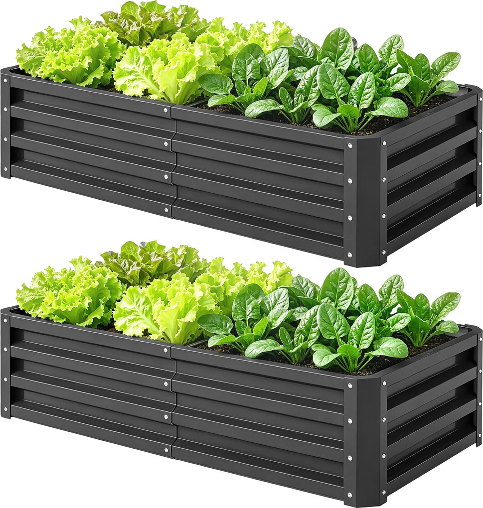 Conjunto de 2 floreiras retangulares de jardim em chapa de aço ondulada, 120 x 60 x 30,5 cm cinzento