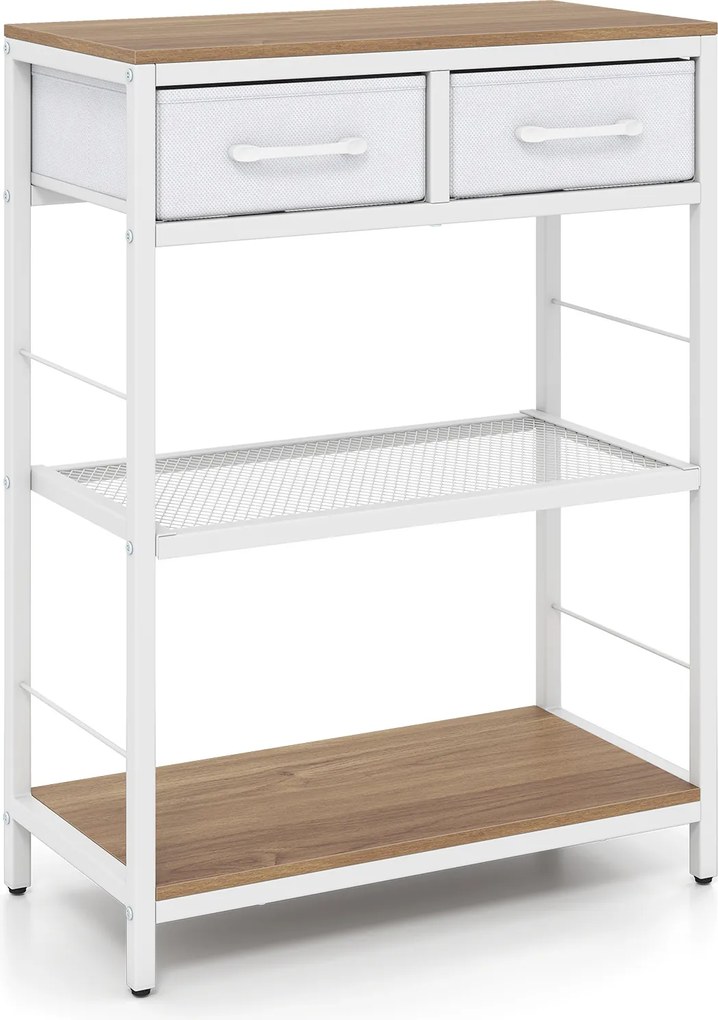 Mesa de Consola com Gavetas e Estantes, 60 x 30 x 81 cm, Estrutura Metálica, Natural e branco