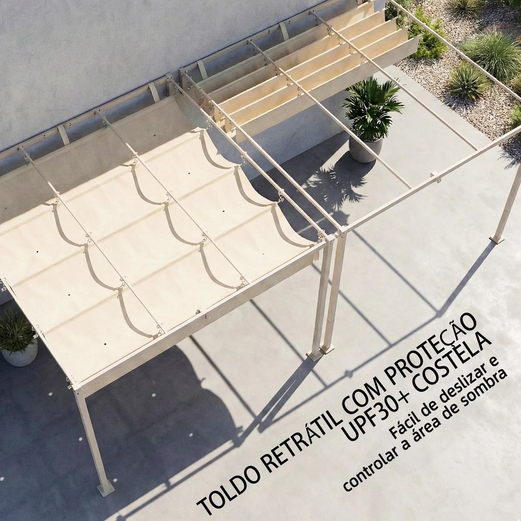 Pérgola de Parede para Jardim 3x3 m com Teto Retrátil Proteção UPF30+ e Drenagem Pérgola para Exterior Bege