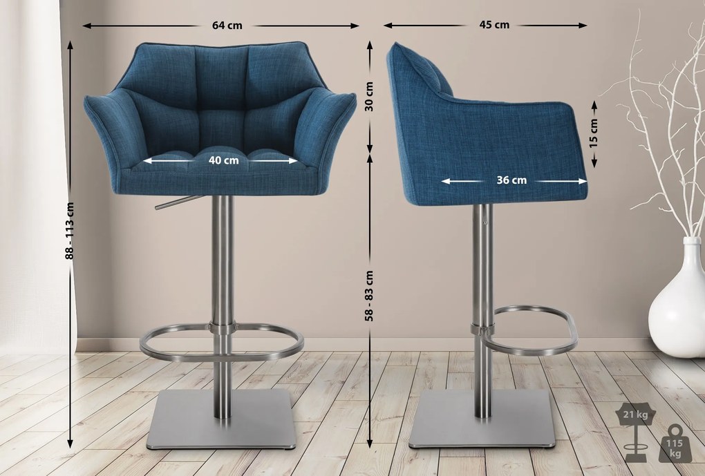 Banco de bar Damaso em tecido e com estrutura prateada 64 x 88-113 x 45 cm Azul