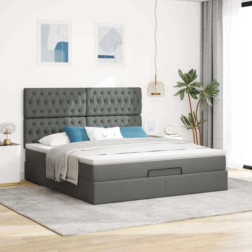Estrutura de cama otomana com colchão tecido cinzento escuro