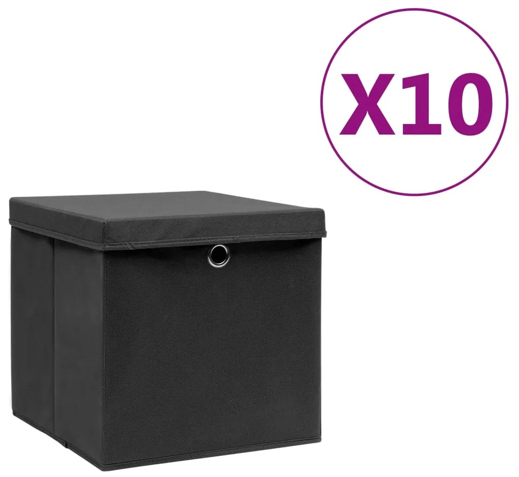 Caixas de arrumação com tampas 10 pcs 28x28x28 cm preto