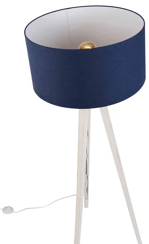 Candeeiro de pé tripé branco com abajur de tecido azul escuro 50cm - Tripod Classic Rústico ,Moderno