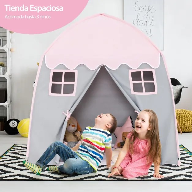 Tenda de brincar infantil Princesa Tenda com tapete antiderrapante com fecho interior de janelas 143 x 100 x 155 cm rosa e cinza