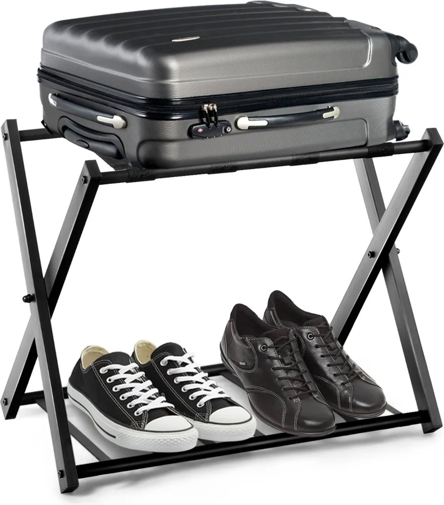 Estante dobrável de metal para bagagens até 60 kg com 4 correias estáveis e 2 pisos para casa e hotel 68 x 43 x 58 cm Preta