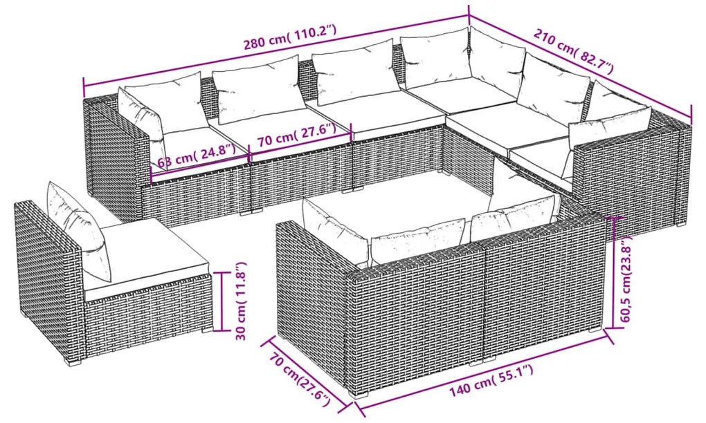 9 pcs conjunto lounge de jardim c/ almofadões vime PE preto