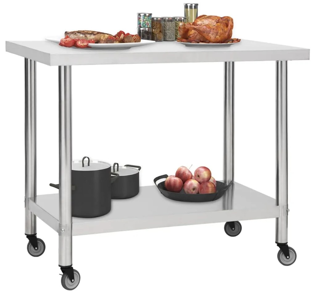 Mesa de trabalho de cozinha c/ rodas aço inoxidável 100x30x85cm