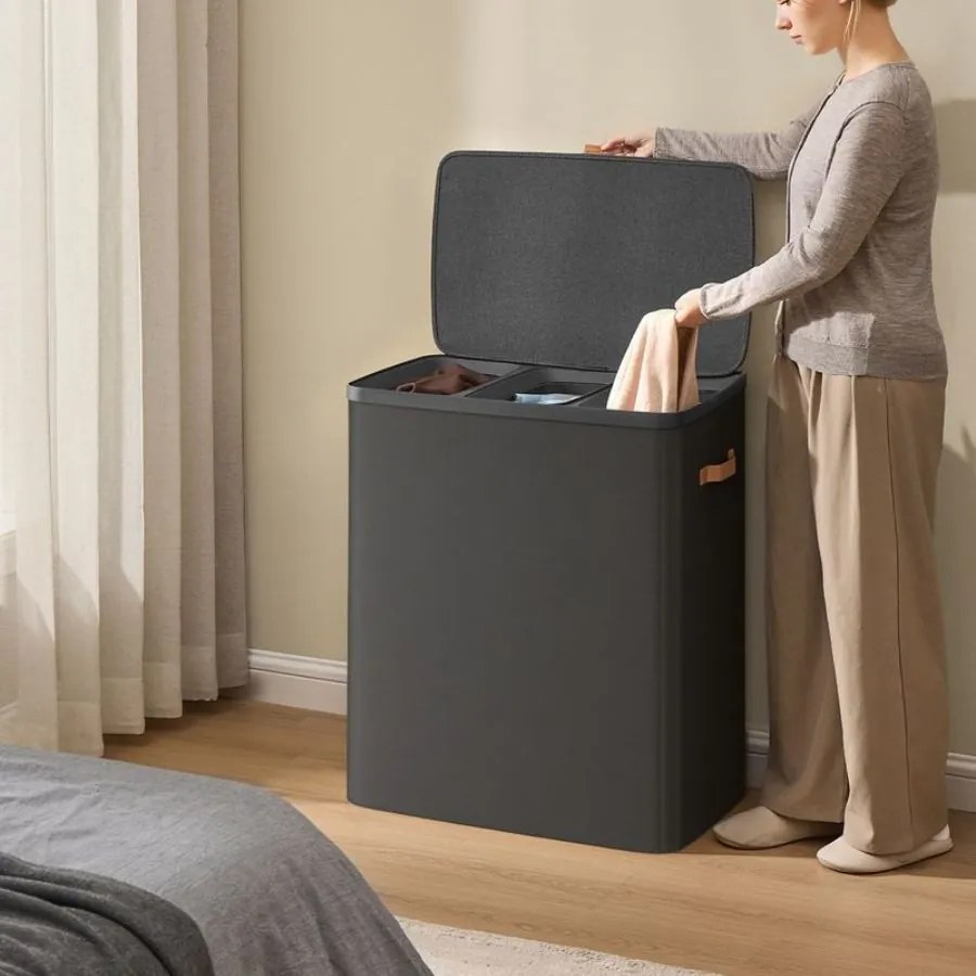 Cesto de roupa suja 64 x 40 x 75 cm com 190 litros e 3 compartimentos, preto