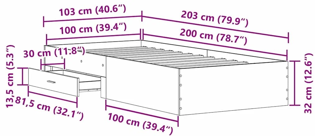 Cama vidaXL Artisan Carvalho 100x200 cm Madeira de engenharia