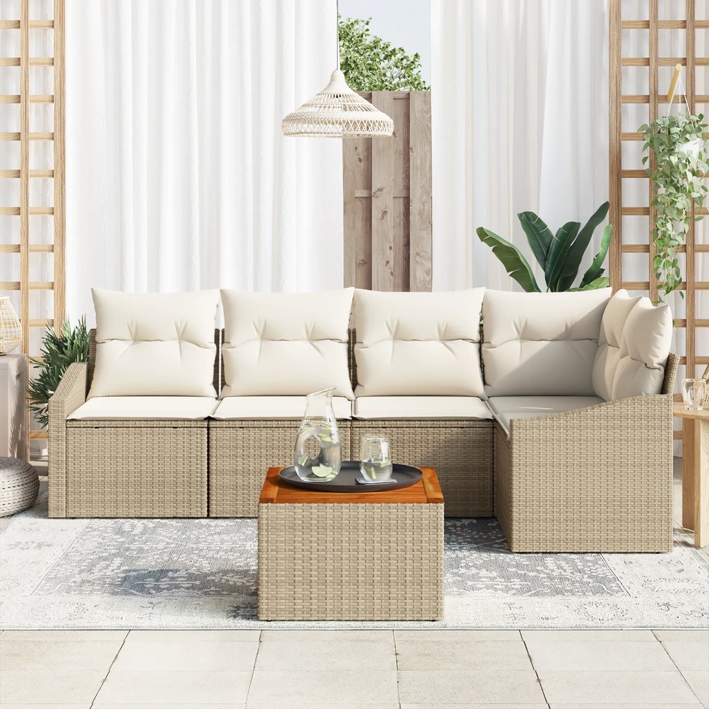 Conjunto de Sofá de Jardim de 6 Peças com Almofadas Bege Rattan Acácia
