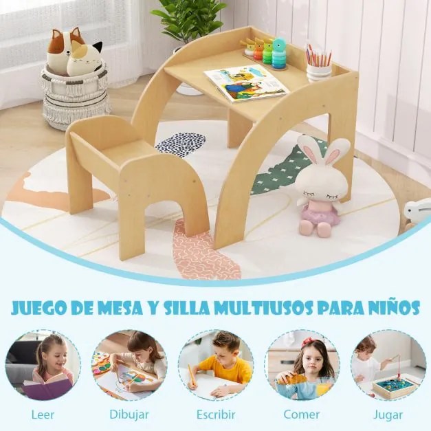 Conjunto de mesa e cadeira para crianças Mesa de actividades para crianças com tampo de trabalho grande Natural