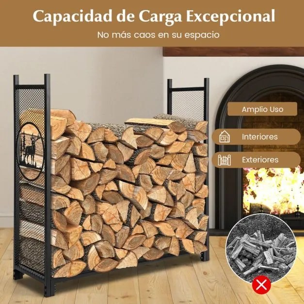 Suporte para lenha de 121 cm com padrões de veados, árvores, laterais em malha e base elevada. Capacidade para 140 kg. Preto.