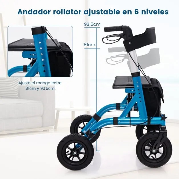 Andarilho dobrável para idosos com assento 24 cm Rodas pneumáticas todo-o-terreno Saco de arrumação Carga 160 kg Azul
