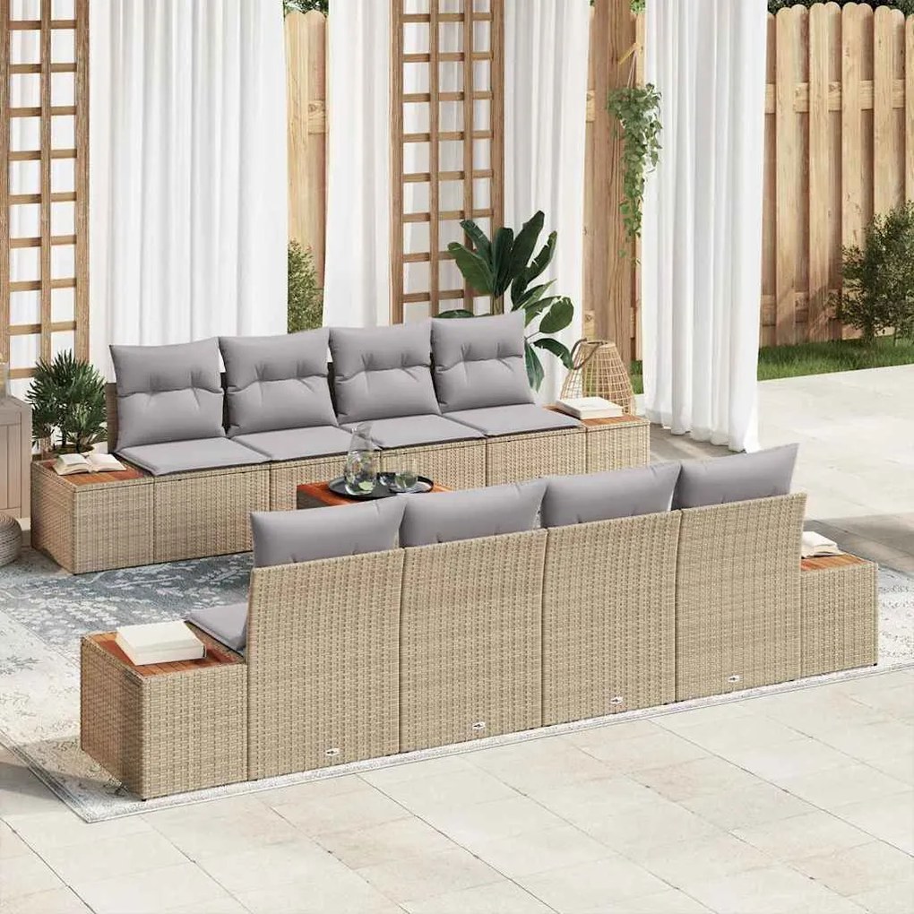 vidaXL Conjunto de Sofá de Jardim de 9 peças com Almofadas em Rattan Bege e Acácia