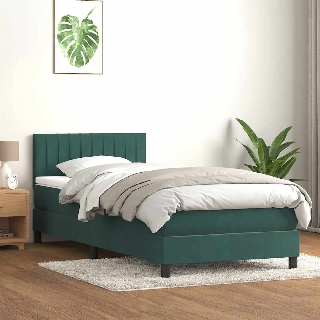 Cama com molas/colchão 90x220 cm veludo verde-escuro
