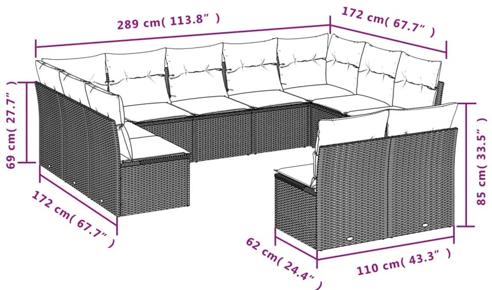 11 pcs conjunto sofás de jardim c/ almofadões vime PE bege