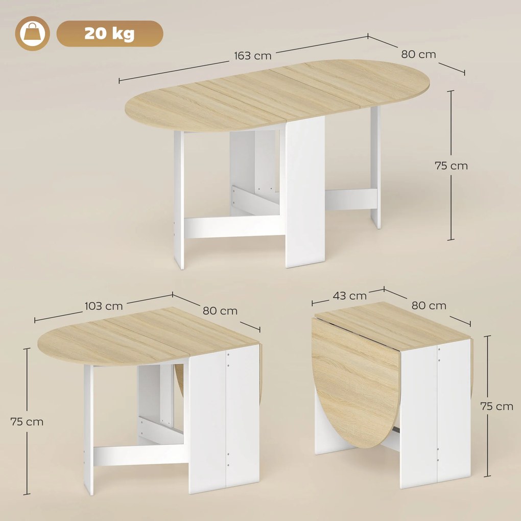Mesa de Cozinha Dobrável Mesa de Jantar Dobrável Ovalada com Laterais Abatíveis Estilo Moderno 163x80x75 cm Madeira