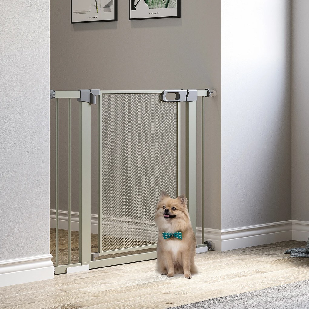 Barreira de segurança para animais de estimação com fecho automático de dupla bloqueio, largura 75-103 cm, cinzenta