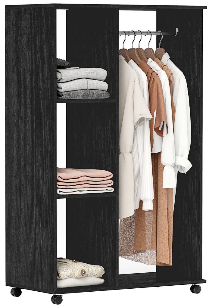 HOMCOM Roupeiro de Madeira Móvel Armário Roupeiro Aberto com Barra para Pendurar e 3 Prateleiras Organizadoras 80x40x128 cm Preto | Aosom Portugal