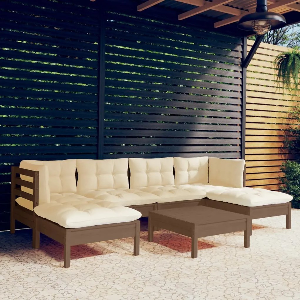 vidaXL 7pcs conj. lounge jardim + almofadões pinho maciço castanho-mel