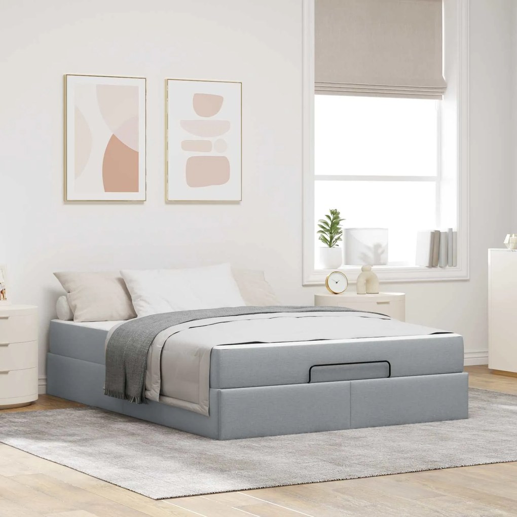 vidaXL Estrutura de cama com colchão 2 pcs Cinzento-claro tecido