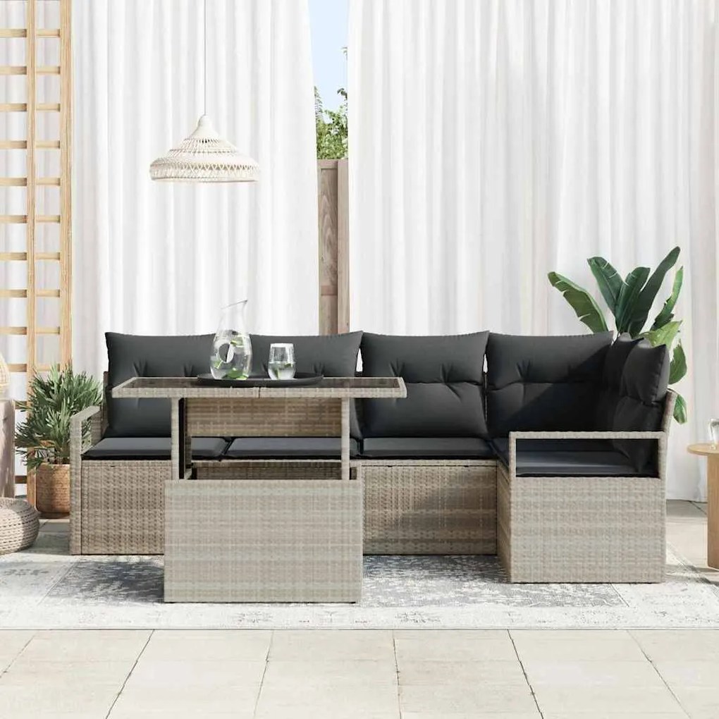 Conjunto de Sofá de Jardim de 6 Peças com Almofadas Rattan Cinza Claro