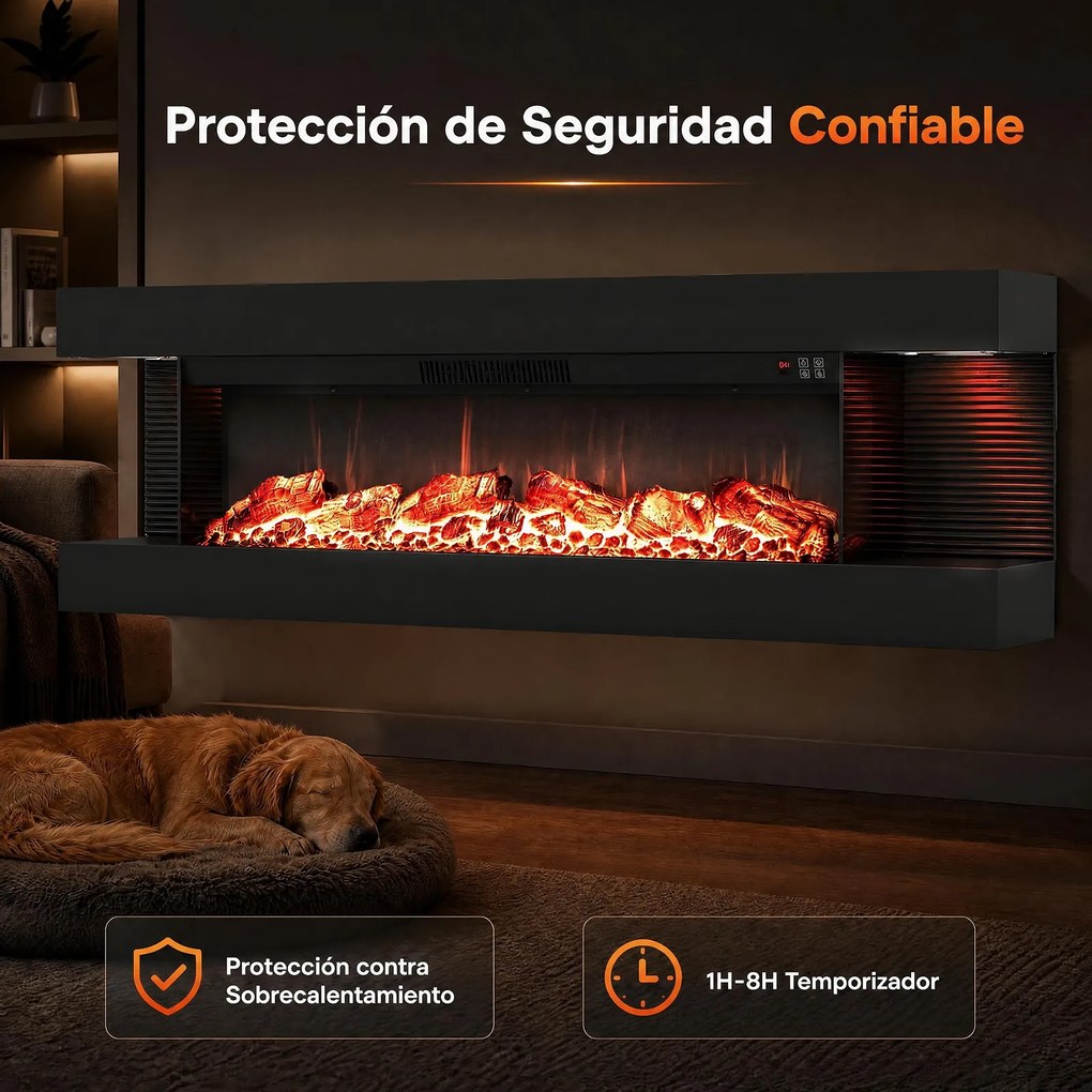 Lareira Elétrica de Parede com Vista de Três Lados, 127 x 20,6 x 41,8 cm, Controlo por Wi-Fi, Preto