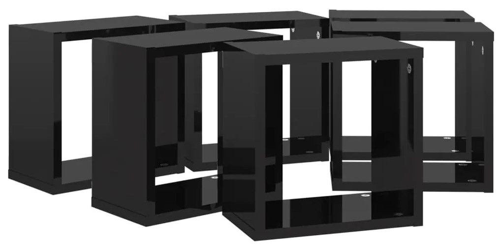 Prateleiras parede forma de cubo 6 pcs 26x15x26 cm preto brilh.