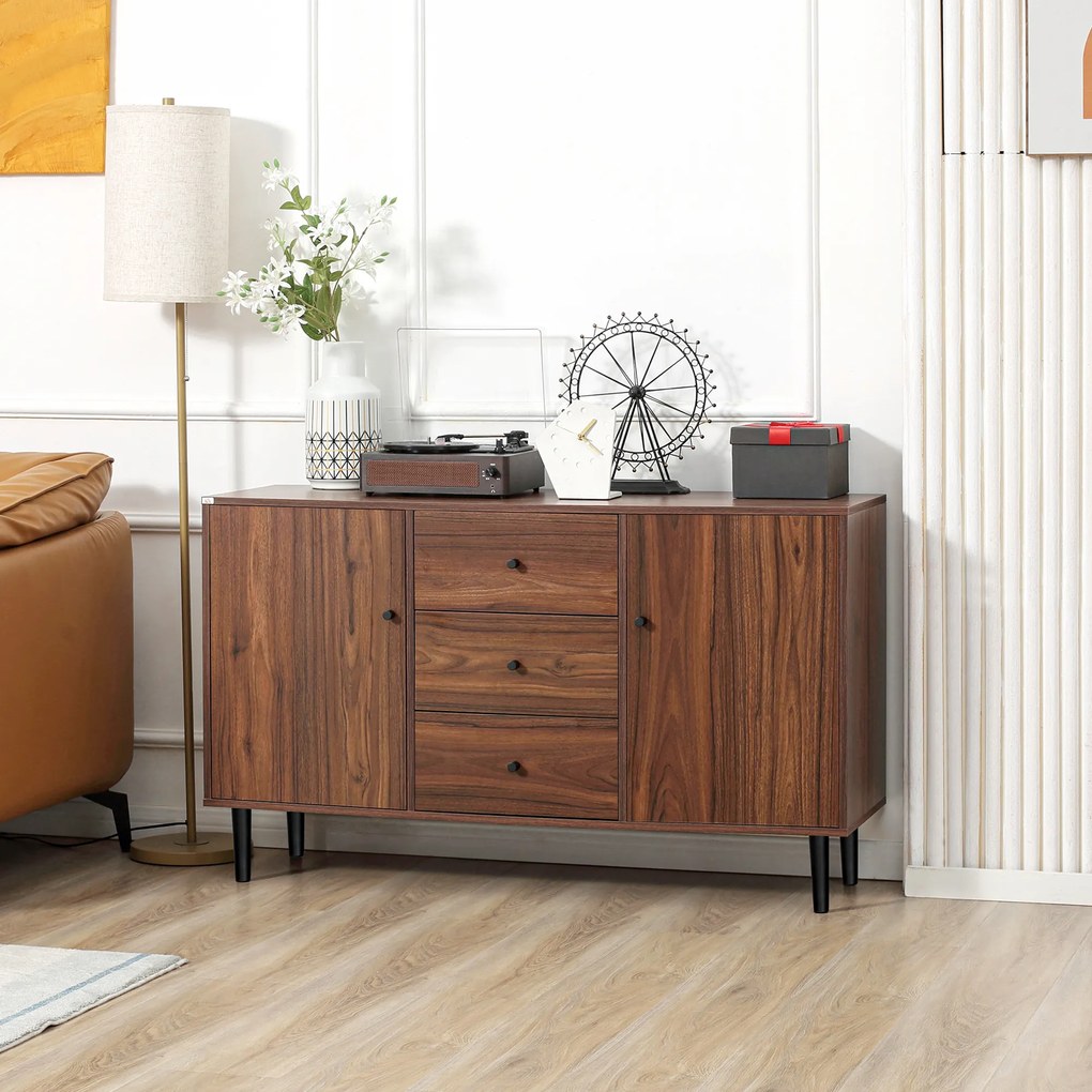 HOMCOM Aparador para Sala de Estar Aparador Buffet Moderno Móvel Auxiliar de Cozinha com 2 Portas e 3 Gavetas para Sala de Jantar Escritório 127x40x76cm Castanho Avermelhado e Preto