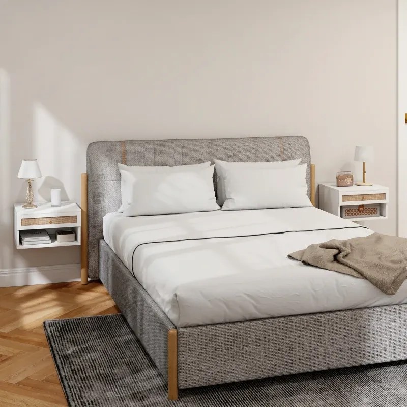 Conjunto de 2 Mesas de Cabeceiras Suspensas 40x34x23 cm com Compartimento Aberto e Gaveta com Frente em Vime Branco