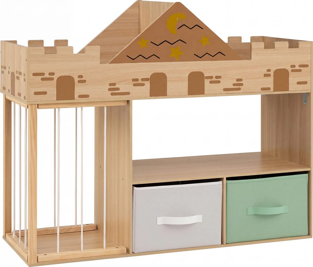 Estante Infantil em Forma de Castelo, 111 x 40 x 92 cm, Arrumação para Livros e Brinquedos, Natural