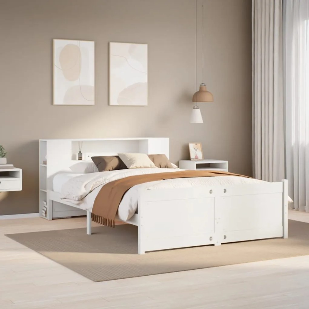 Cama com estante sem colchão 140x190 cm pinho maciço branco