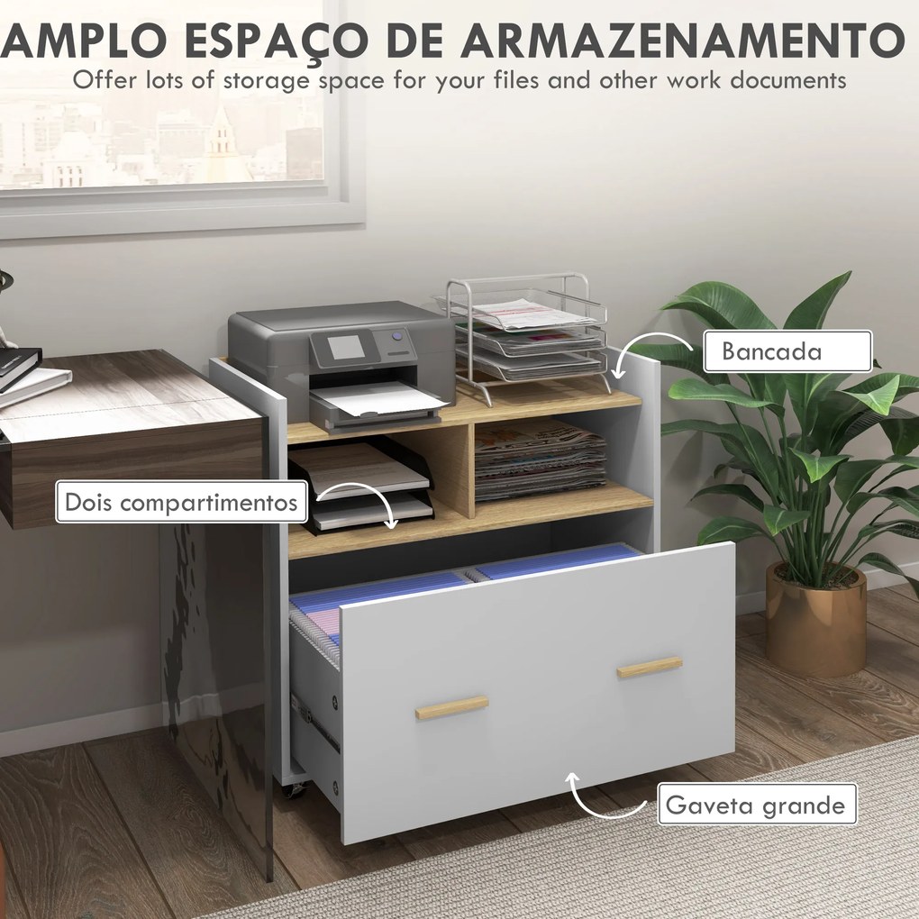 Armário para Escritório Armário para Arquivos com Rodas e Barra Suspensa para Tamanho A4 76x40x75,5 cm Branco e Madeira