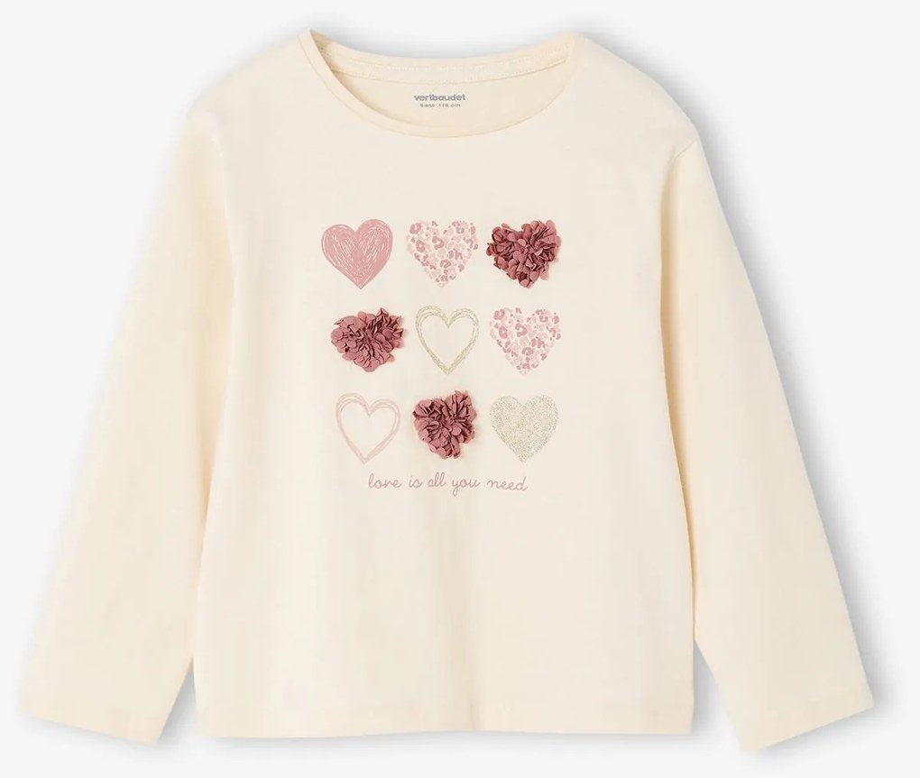 Camisola com coração em relevo e mangas compridas, para menina cru