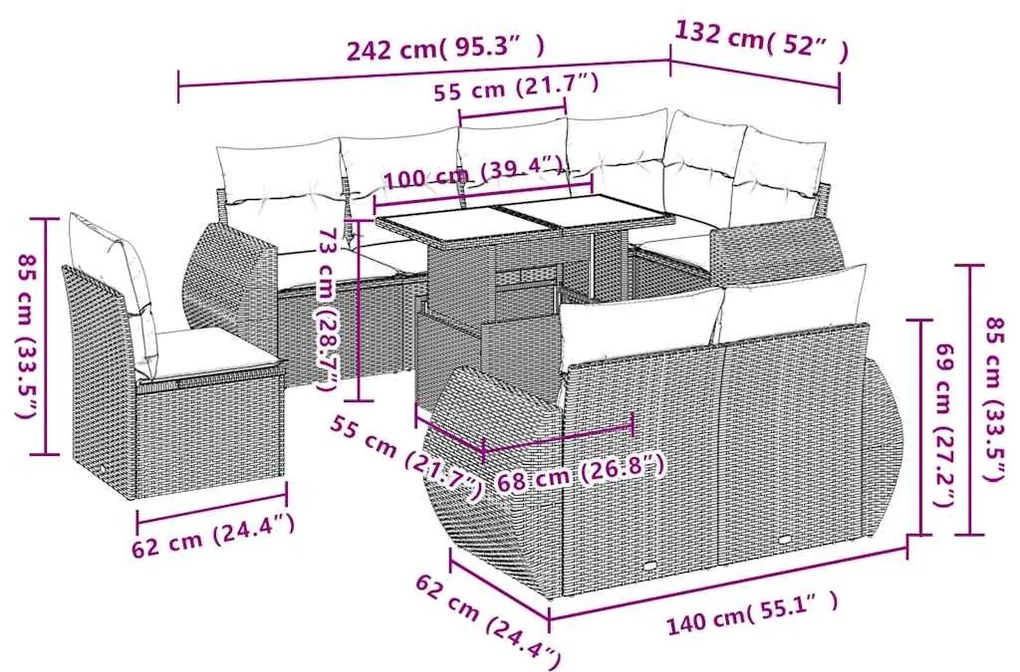 9 pcs conjunto de sofás p/ jardim c/ almofadões vime PE preto