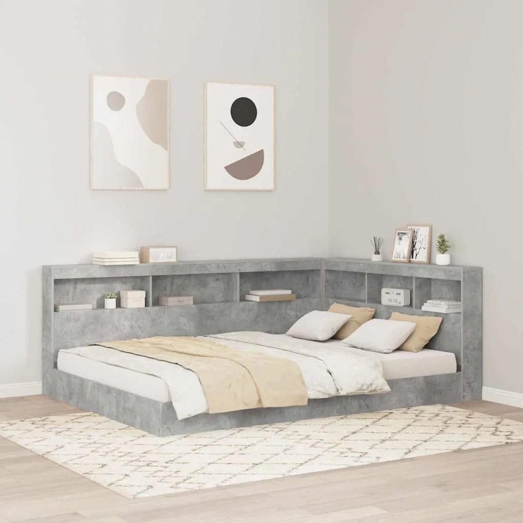 vidaXL Cama estante com prateleira com cabeceira 2 pcs Cinzento cimento 140 x 200 cm