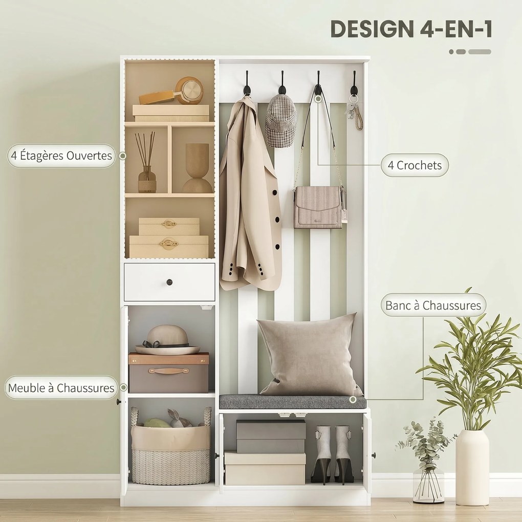 Móvel de entrada 4 em 1 100 x 30 x 180 cm, guarda-roupa de entrada com banco com espaço de arrumação, prateleira ajustável, 4 ganchos, branco
