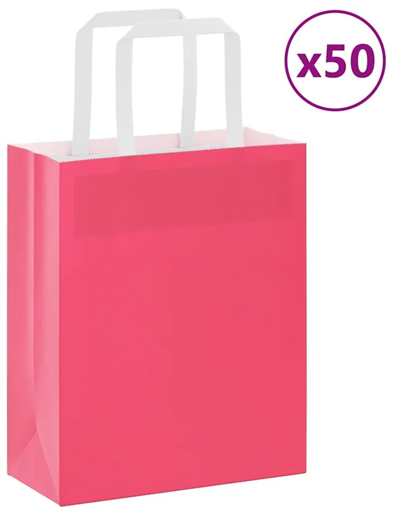 vidaXL Sacos de papel 50 unid com alças rosa 18x8x22 cm