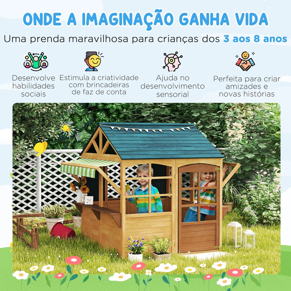 Casinha de Jogos Infantil de Madeira com Janelas Lousas Telhado e Toldo 173x117x144 cm Madeira Natural