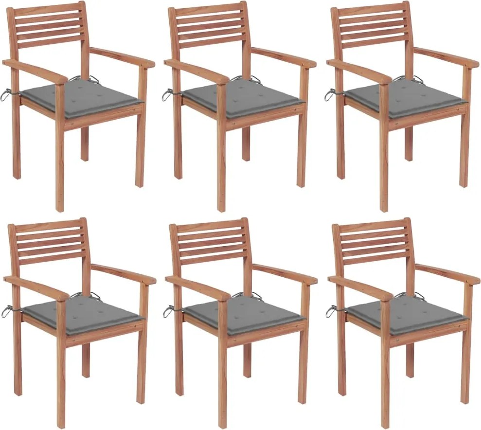 vidaXL Cadeiras de jardim empilháveis c/ almofadões 6 pcs teca maciça