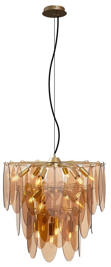 Candeeiro suspenso Art Déco dourado com vidro âmbar oval 14 luzes - Mochan Art Deco
