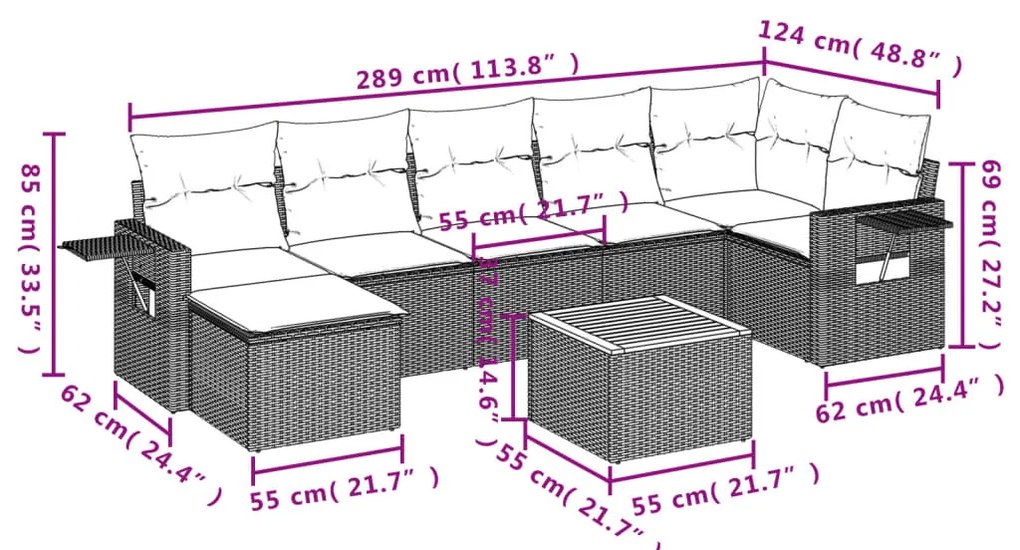 8 pcs conjunto sofás de jardim com almofadões vime PE preto