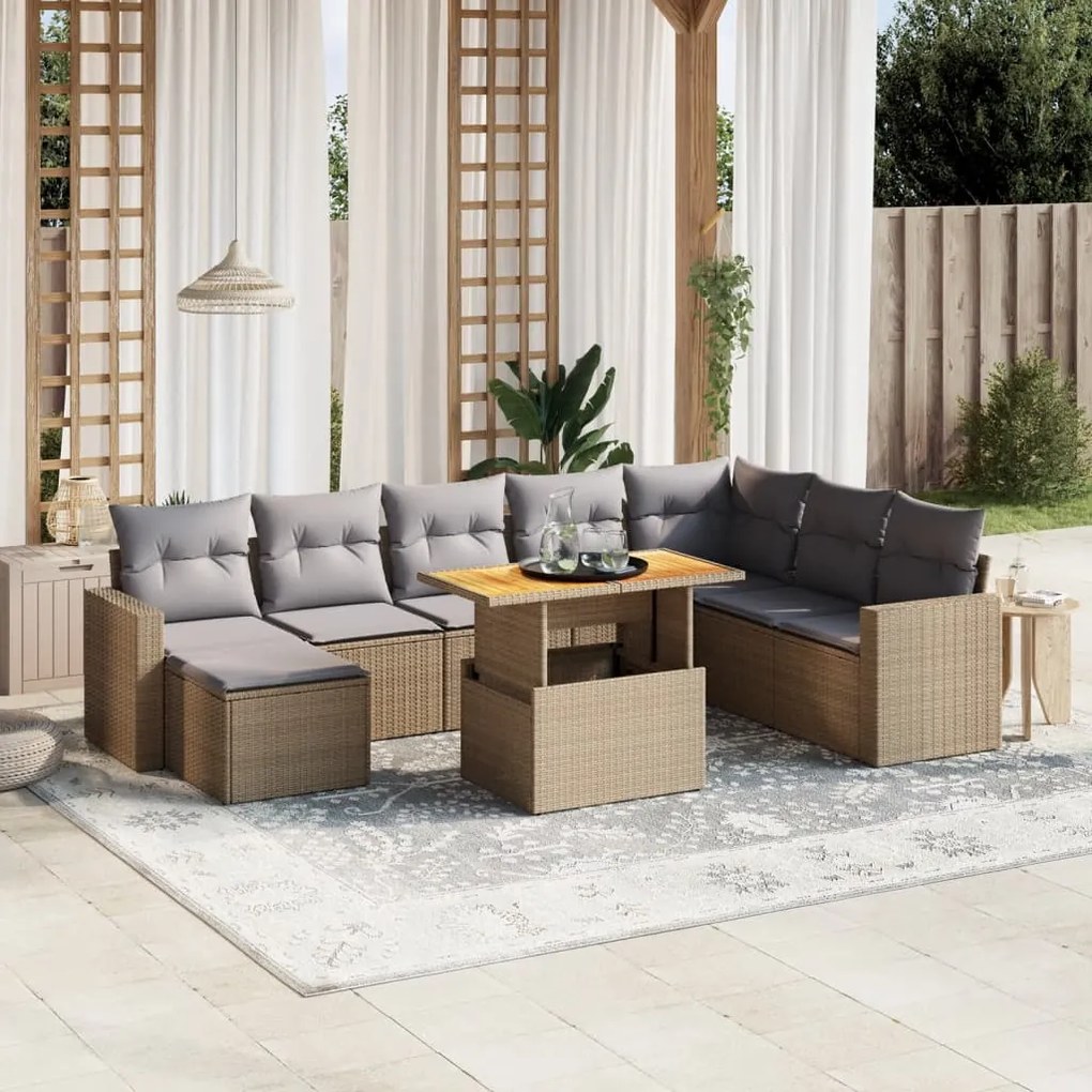 9 pcs conjunto de sofás p/ jardim com almofadões vime PE bege
