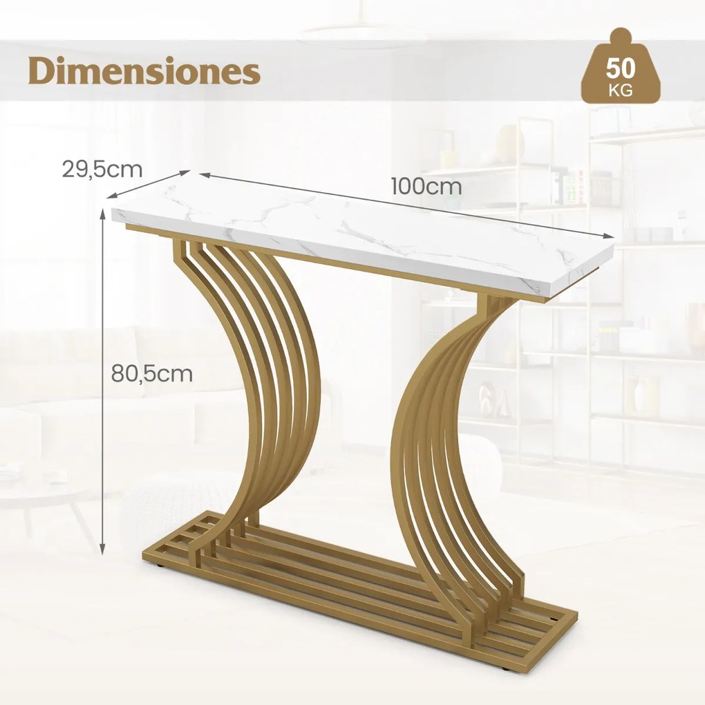 Mesa de consola moderna de 100 cm com tampo em mármore sintético e pernas metálicas geométricas para sala de estar dourada