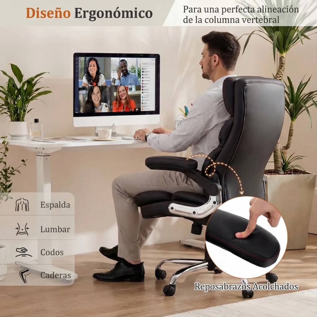 Cadeira de escritório ergonómica em couro sintético com altura ajustável, oscilação, braços rebatíveis e rodas Preta